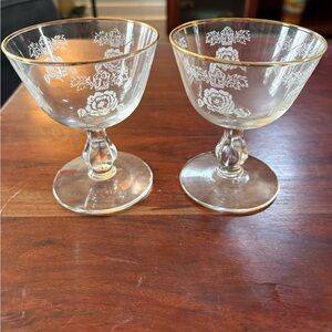 Vintage Homer Laughlin Gold-Rimmed Etched Queen Esther Sherbet Glasses Set of 2